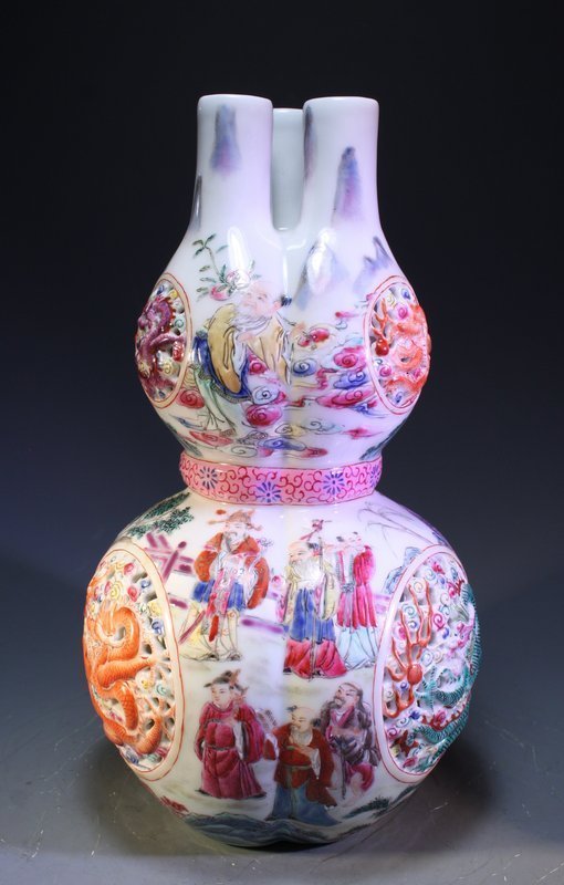 Chinese Enameled Porcelain Triple Top Bulbous Vase,