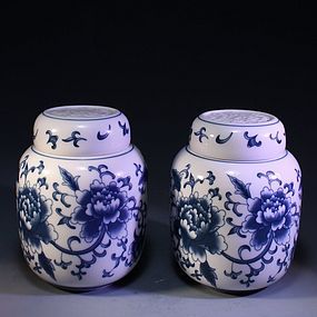 Chinese Pair of Blue & White Lidded Jars
