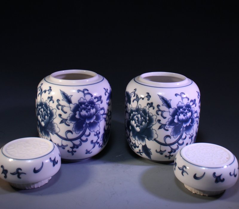 Chinese Pair of Blue &amp; White Lidded Jars
