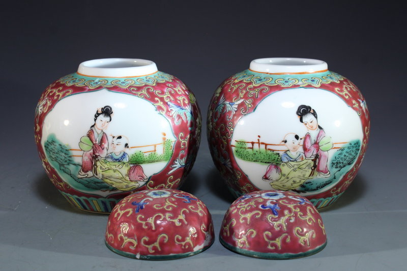 Pair of Polychrome Enameled Porcelain Ginger Jars,