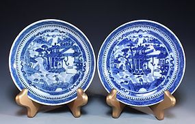 Pair of Chinese Blue & White Porcelain Plates,