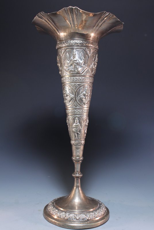 Large Antique Indian silver &quot;Shiva&quot; fluted vase.