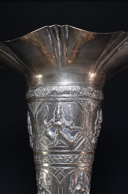 Large Antique Indian silver &quot;Shiva&quot; fluted vase.