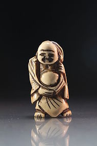 Antique Japanese Carved Stag Antler Netsuke, Hotei.