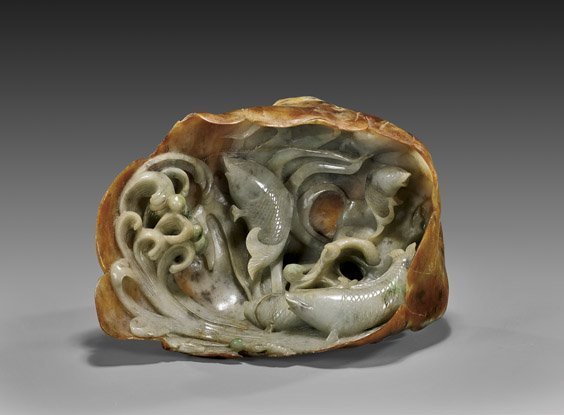 Superb Unusual Chinese Carved Jadeite; Swiming Fishes