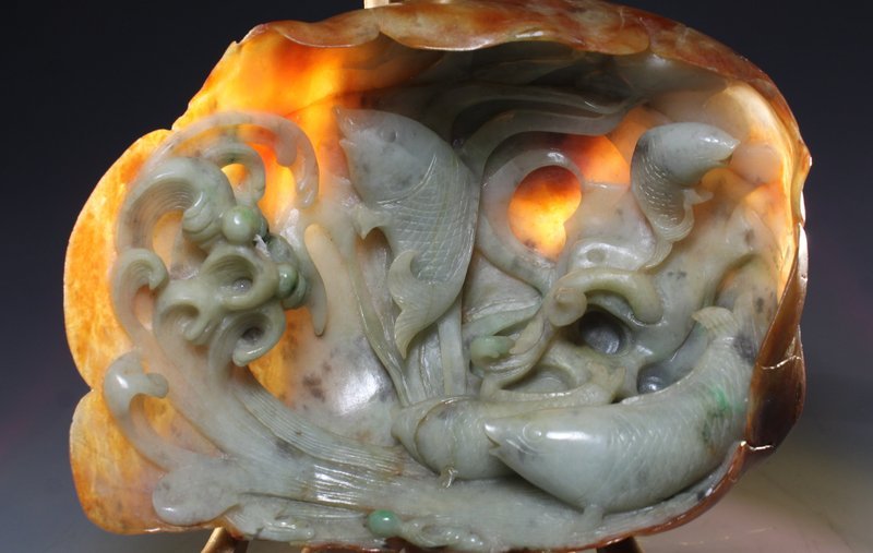 Superb Unusual Chinese Carved Jadeite; Swiming Fishes