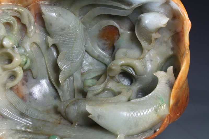 Superb Unusual Chinese Carved Jadeite; Swiming Fishes