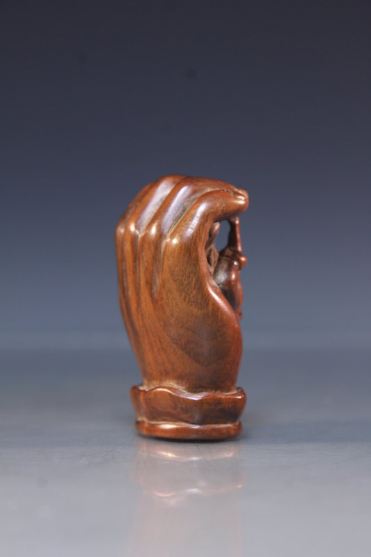 Japanese Carved Rosewood Netsuke Figure. Hand &amp; Monkey.
