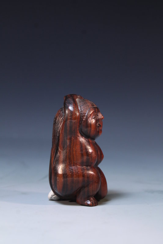 Antique Carved Ebony Netsuke; Okame. Meiji Pd.