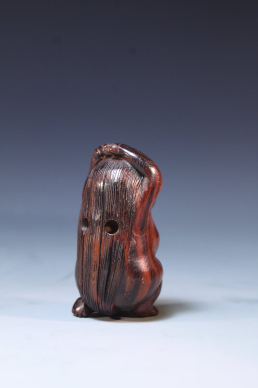 Antique Carved Ebony Netsuke; Okame. Meiji Pd.