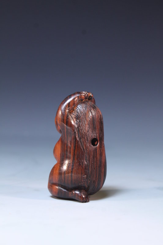 Antique Carved Ebony Netsuke; Okame. Meiji Pd.