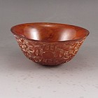 Chinese Hand Carved Ox Horn Bowl; Dragon.