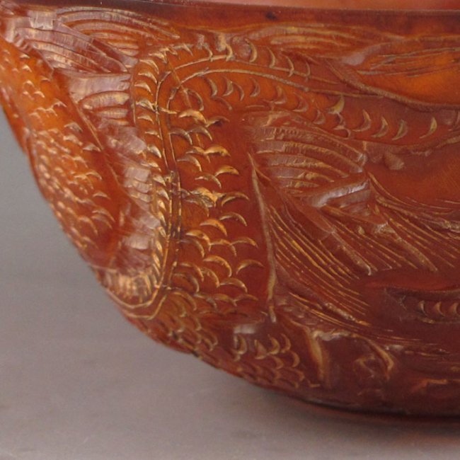 Chinese Hand Carved Ox Horn Bowl; Dragon.