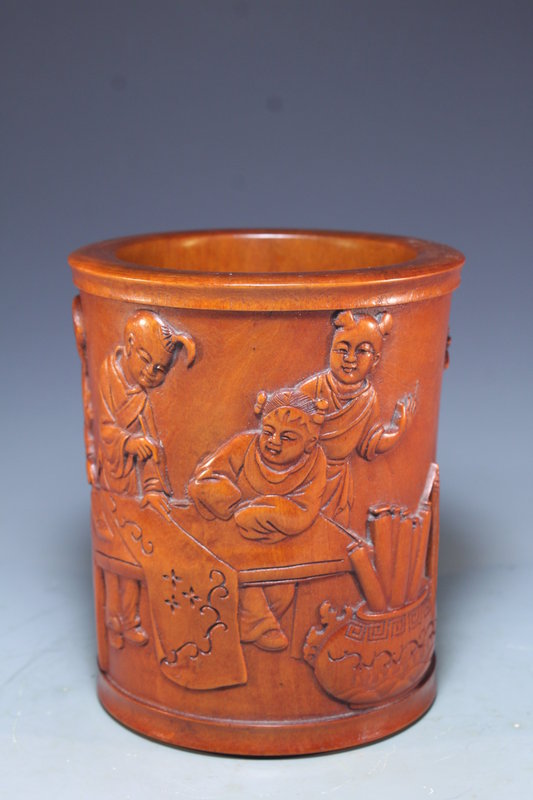 Beautiful Chinese Carved Huangyang Wood Brush Pot.