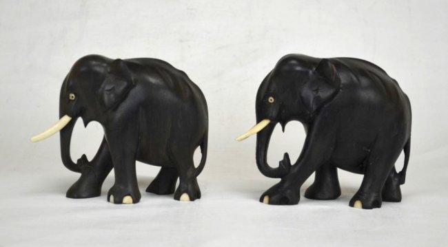 19th C. Pair of Carved Wood Elephants.