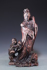 Chinese Carved Shoushan Figure; Guanyin & Dragon.