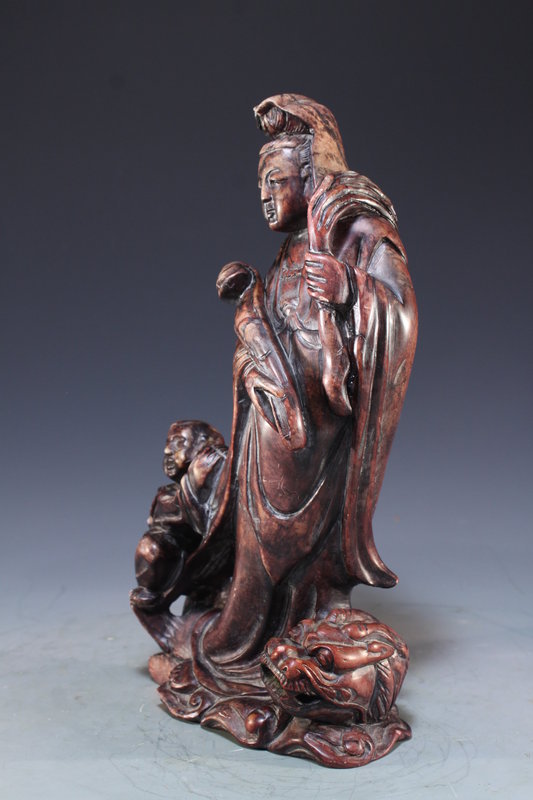 Chinese Carved Shoushan Figure; Guanyin &amp; Dragon.