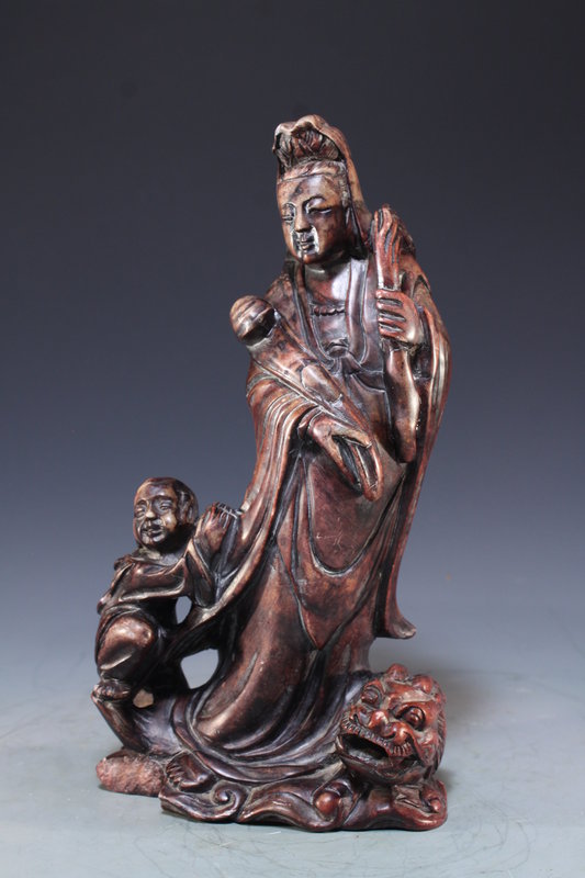 Chinese Carved Shoushan Figure; Guanyin &amp; Dragon.