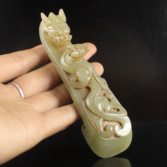 19th C.Chinese Natural Hetian Jade Dragon Belt Buckle.