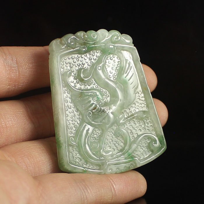 Fine Chinese Natural Jadeite Pendant; Dragon &amp; Phoenix.