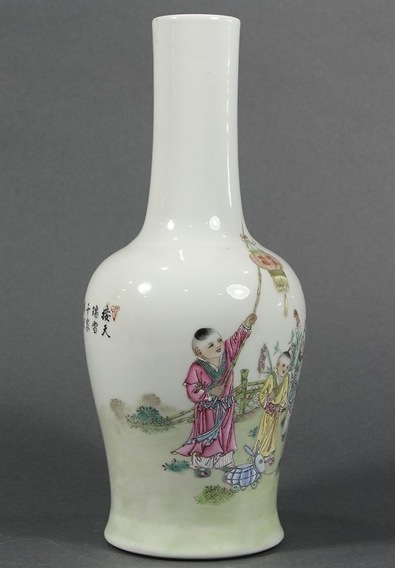 Superb Chinese Enameled Porcelain Stick Neck Vase.
