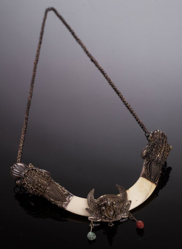 19 C. Indo/Tibetan Silver Dragon Boar Tusk Necklace.
