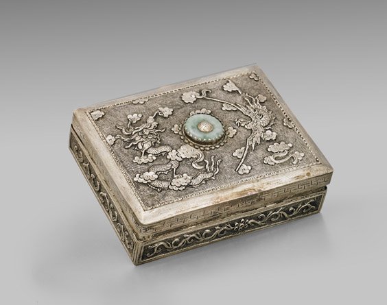 Antique Chinese Silver &amp; Jade Marriage Box.
