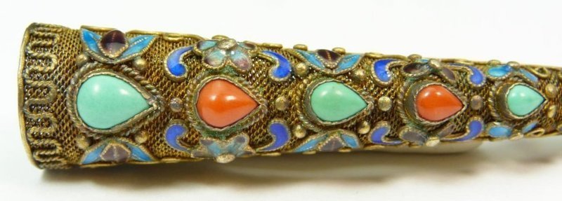 Antique Chinese Silver Cloisonne Nail Guard Pin/Brooch.