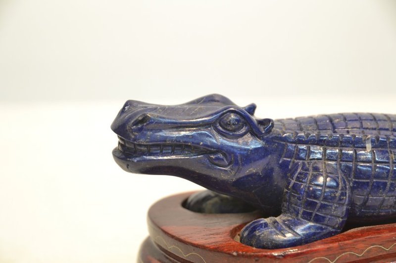 Fine Chinese Carved Lapis Alligator on Stand.
