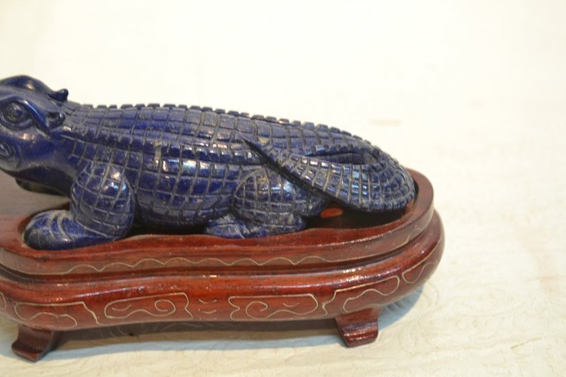 Fine Chinese Carved Lapis Alligator on Stand.