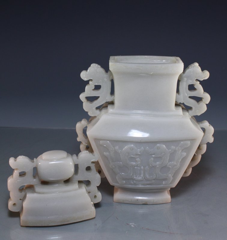 Chinese Carved Grayish-White Jade Covered Urn.