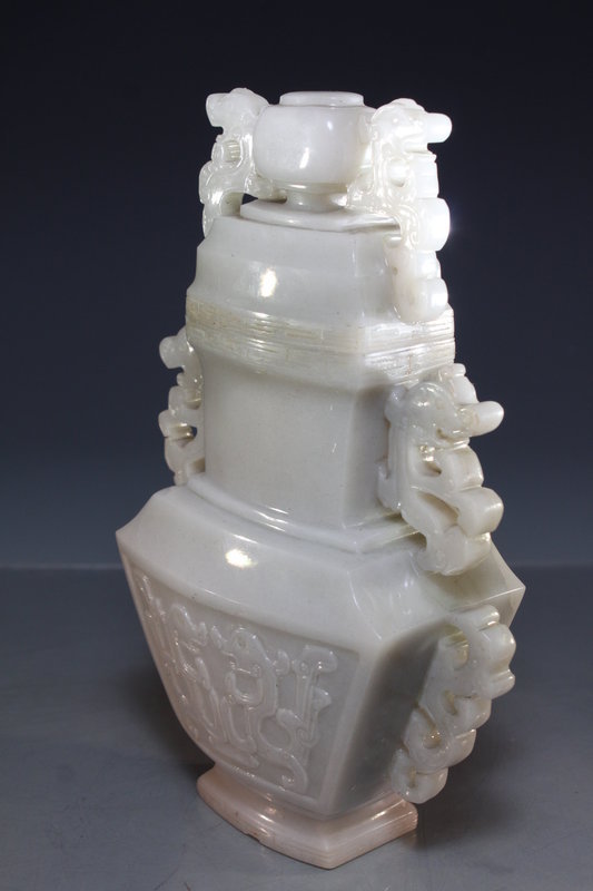 Chinese Carved Grayish-White Jade Covered Urn.