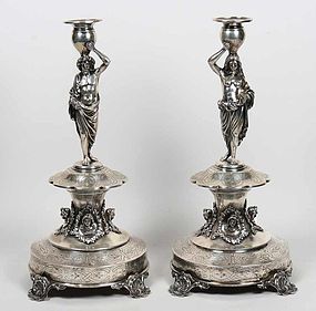 Superb Pair of 19th C. Austrian Silver Figural Candlesticks.