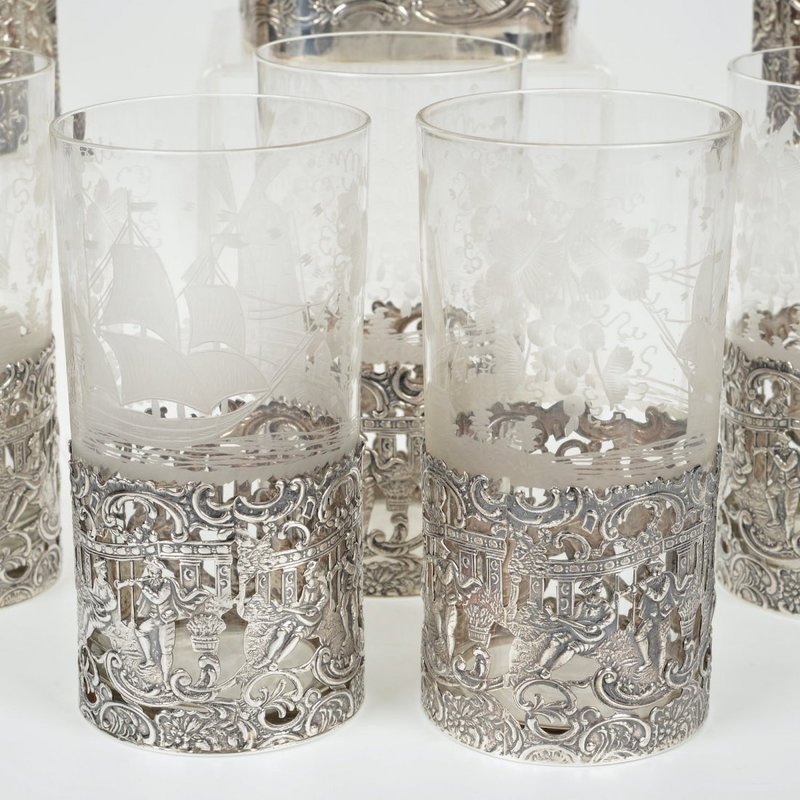 Group of German Style Sterling Silver &amp; Etched Glass Bar-Ware.