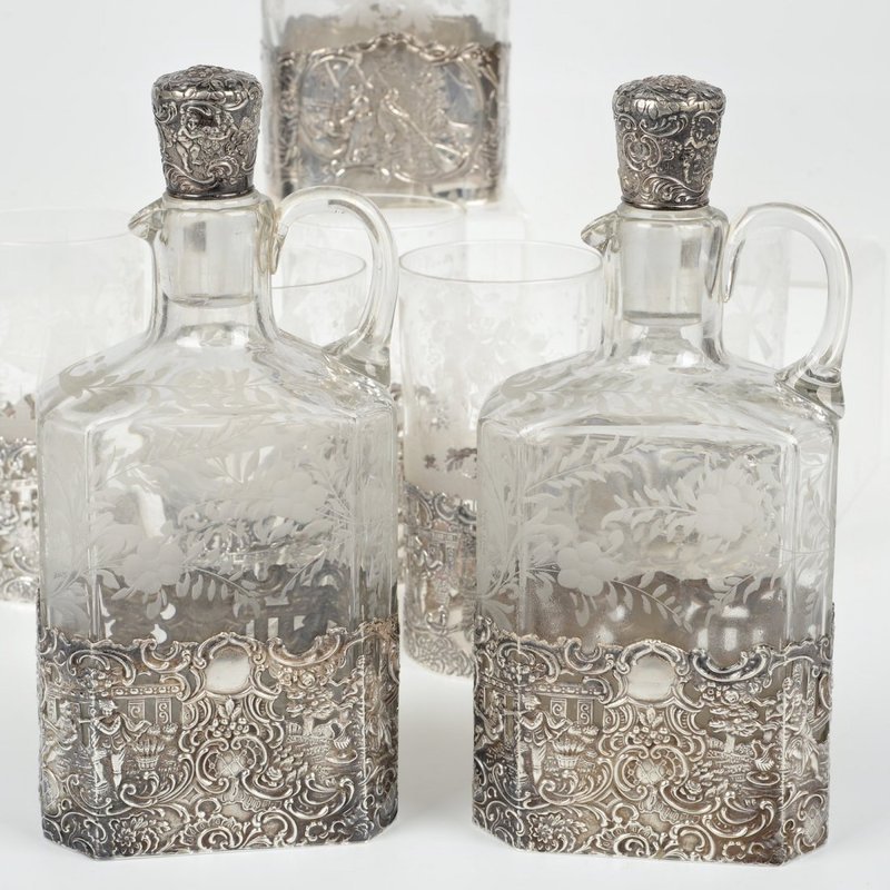 Group of German Style Sterling Silver &amp; Etched Glass Bar-Ware.