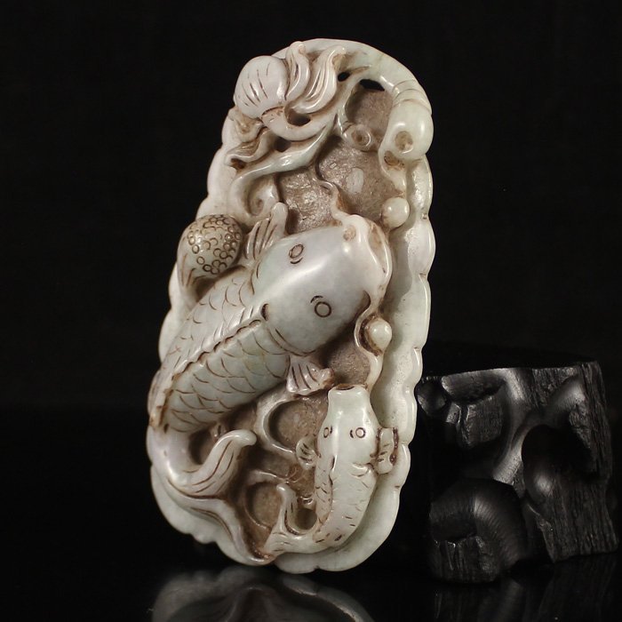 Chinese Natural Jadeite pendant; Fish & Lotus.
