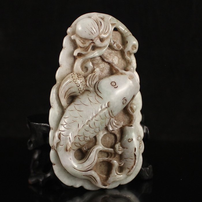 Chinese Natural Jadeite pendant; Fish &amp; Lotus.