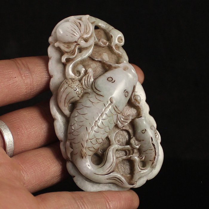 Chinese Natural Jadeite pendant; Fish &amp; Lotus.