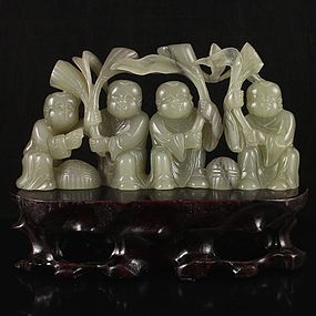 Chinese Natural Hetian Jade Carving; Four Fortune Boys.