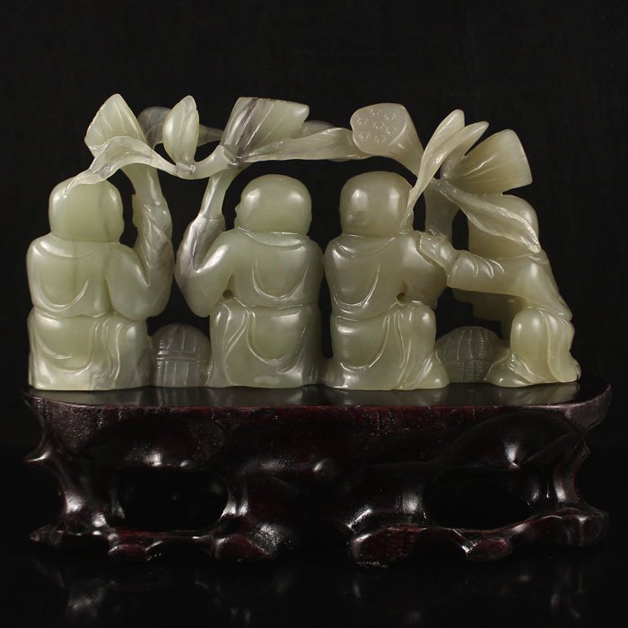 Chinese Natural Hetian Jade Carving; Four Fortune Boys.