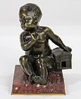 Antique Continental Bronze Sculpture, Baby & Box.