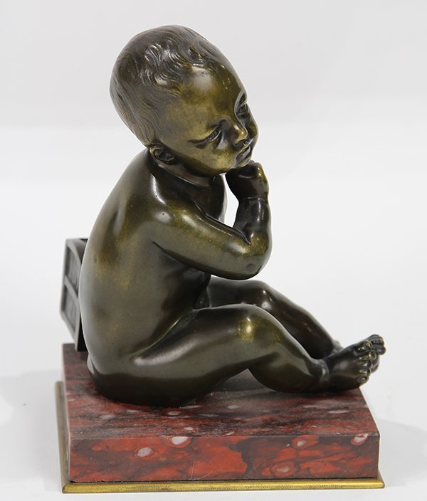 Antique Continental Bronze Sculpture, Baby &amp; Box.