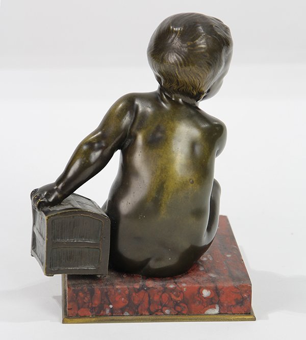 Antique Continental Bronze Sculpture, Baby &amp; Box.