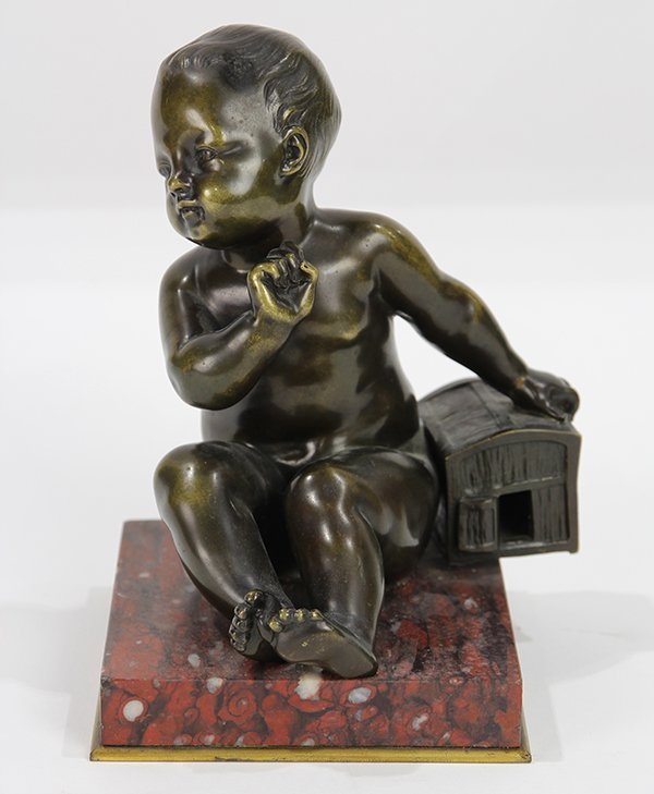 Antique Continental Bronze Sculpture, Baby &amp; Box.