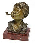 Superb 19th C. European Bronze Bust; Boy & Pipe.