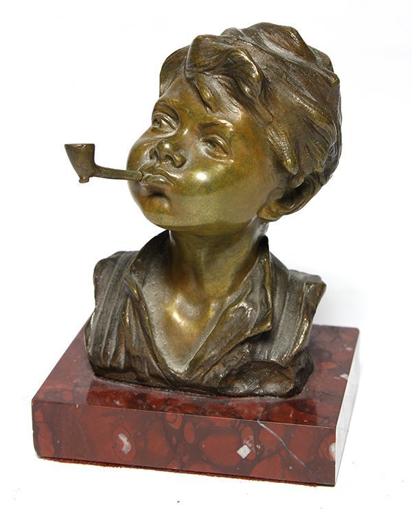 Superb 19th C. European Bronze Bust; Boy &amp; Pipe.