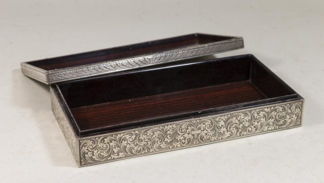 Superb Etched 800 Silver Box with Scroll Design.
