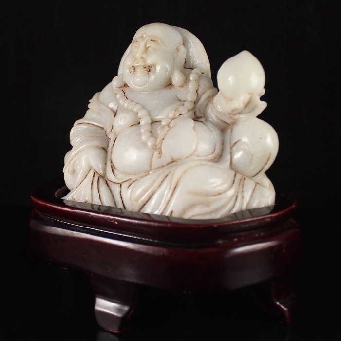 Antique Chinese Natural Jadeite Statue; Laughing Buddha.