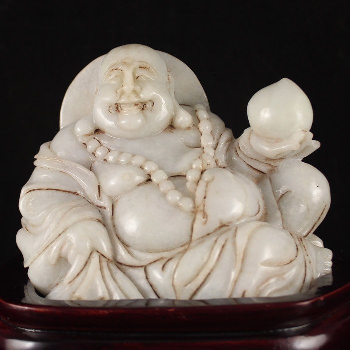 Antique Chinese Natural Jadeite Statue; Laughing Buddha.