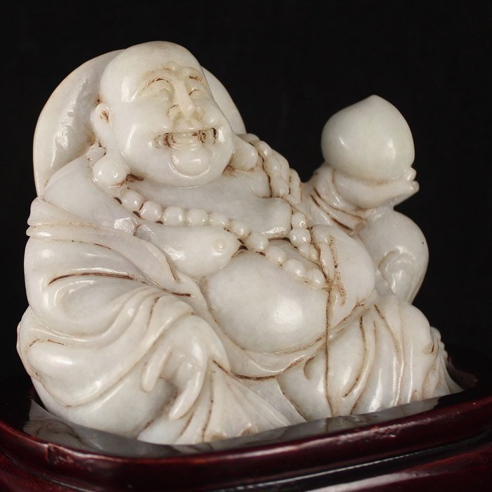 Antique Chinese Natural Jadeite Statue; Laughing Buddha.